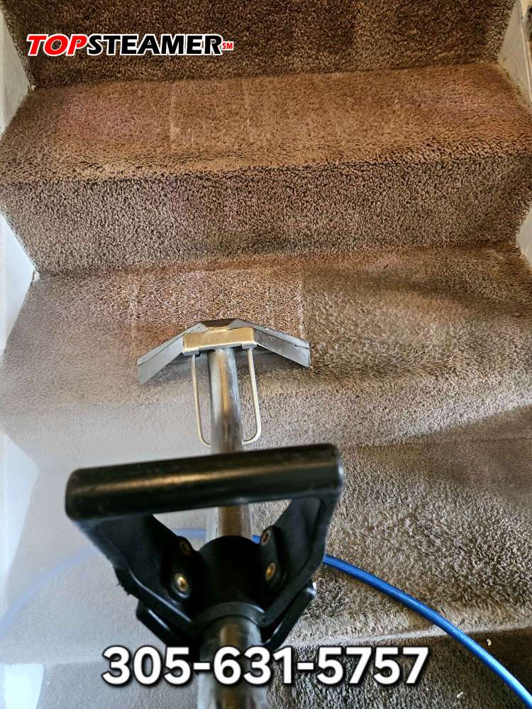 Professional carpet steam cleaning on staircase in Westchester FL by Top Steamer